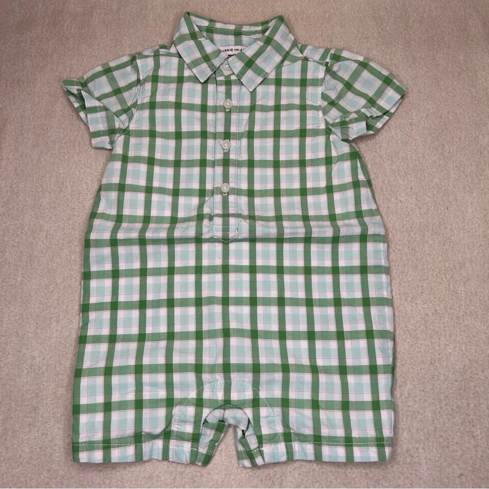 Janie and Jack Green and White Baby Gingham Polo‎ Romper Months 3-6